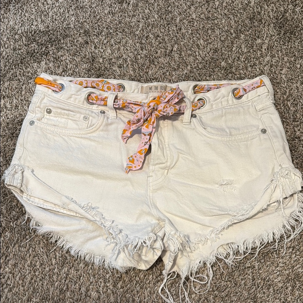 Free People Women's White Denim Shorts with Patterned Belt